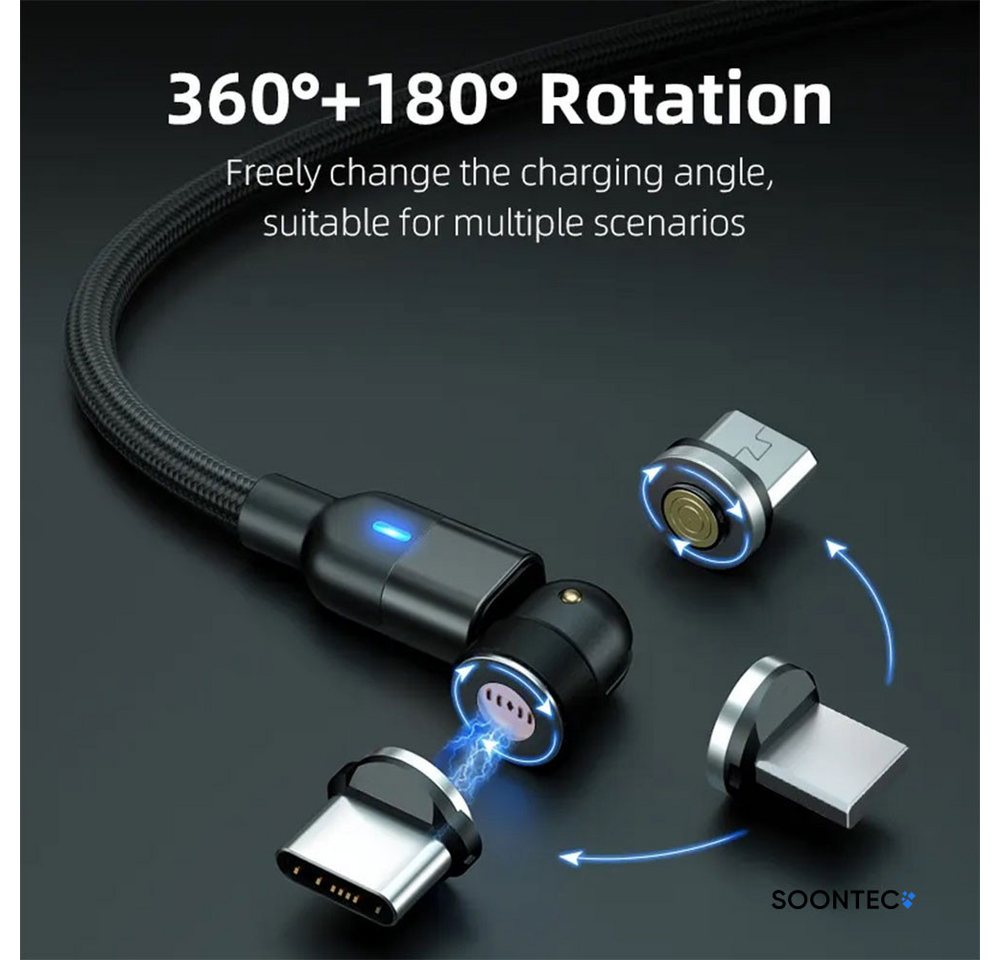 SOONTEC Magnet Ladekabel SOONTEC 0,5m-6,5m Micro USB/USB-C/Lightning 2,4A/3,0A magnetisches Ladekabel, Lightning, Micro-USB, USB-C, Lightning, USB-C, Micro-USB  – Bild 3 von 5