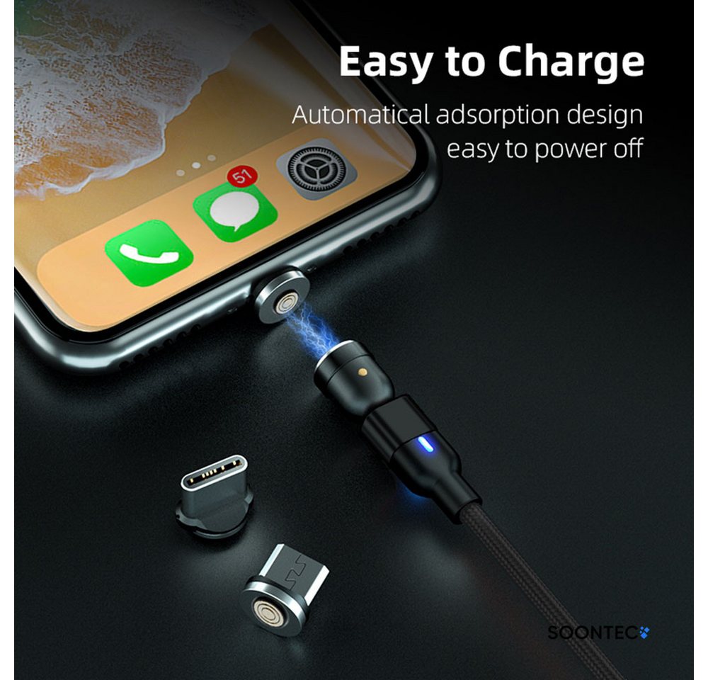 SOONTEC Magnet Ladekabel SOONTEC 0,5m-6,5m Micro USB/USB-C/Lightning 2,4A/3,0A magnetisches Ladekabel, Lightning, Micro-USB, USB-C, Lightning, USB-C, Micro-USB  – Bild 4 von 5
