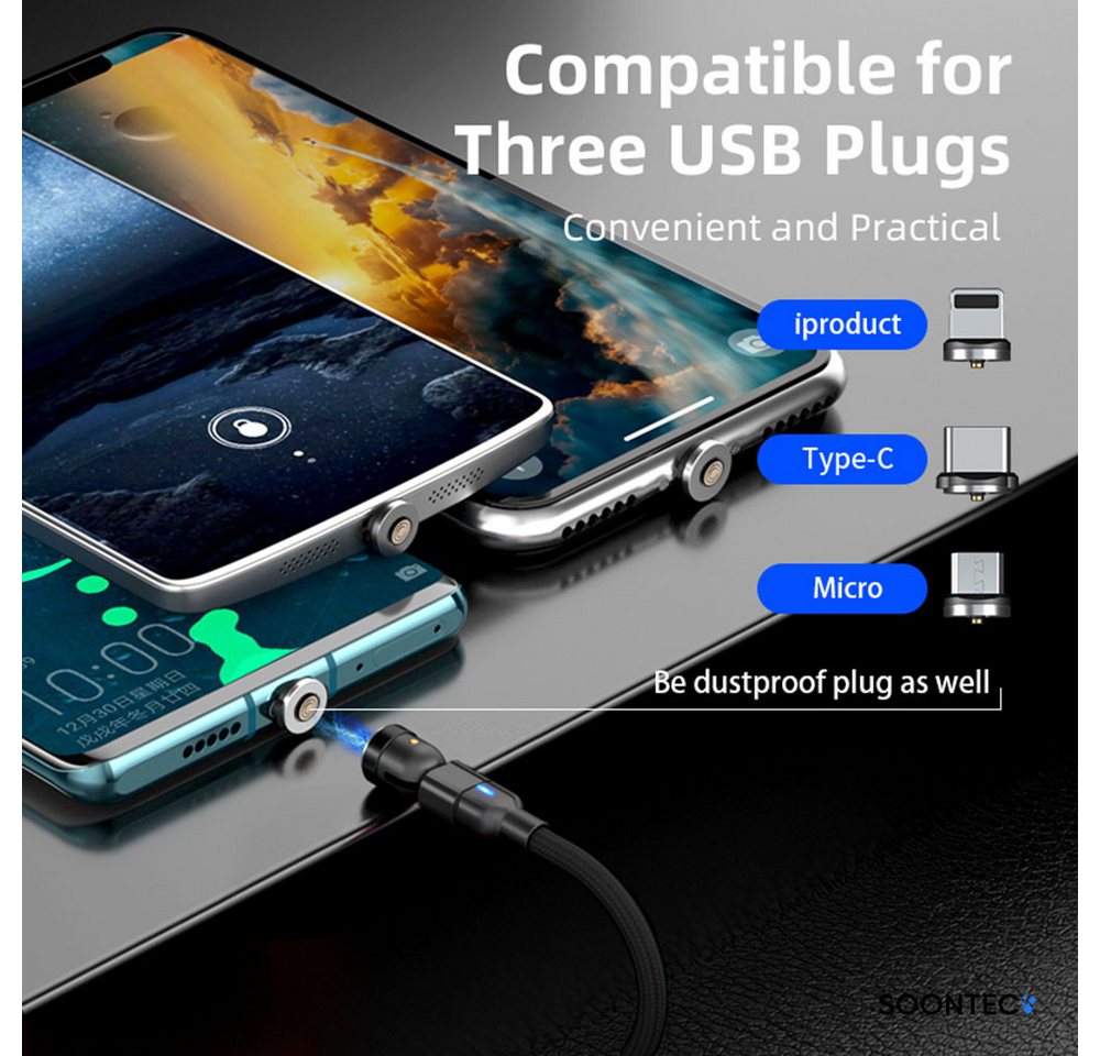 SOONTEC Magnet Ladekabel SOONTEC 0,5m-6,5m Micro USB/USB-C/Lightning 2,4A/3,0A magnetisches Ladekabel, Lightning, Micro-USB, USB-C, Lightning, USB-C, Micro-USB  – Bild 5 von 5