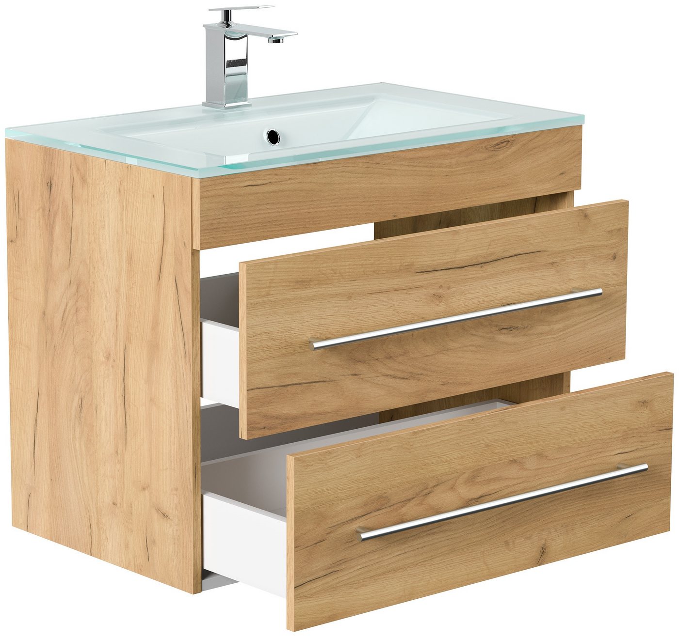Magnolia Home Waschtisch Badmöbel Vitro 750 mit Glaswaschbecken SoftClose eiche gold – Bild 2 von 5