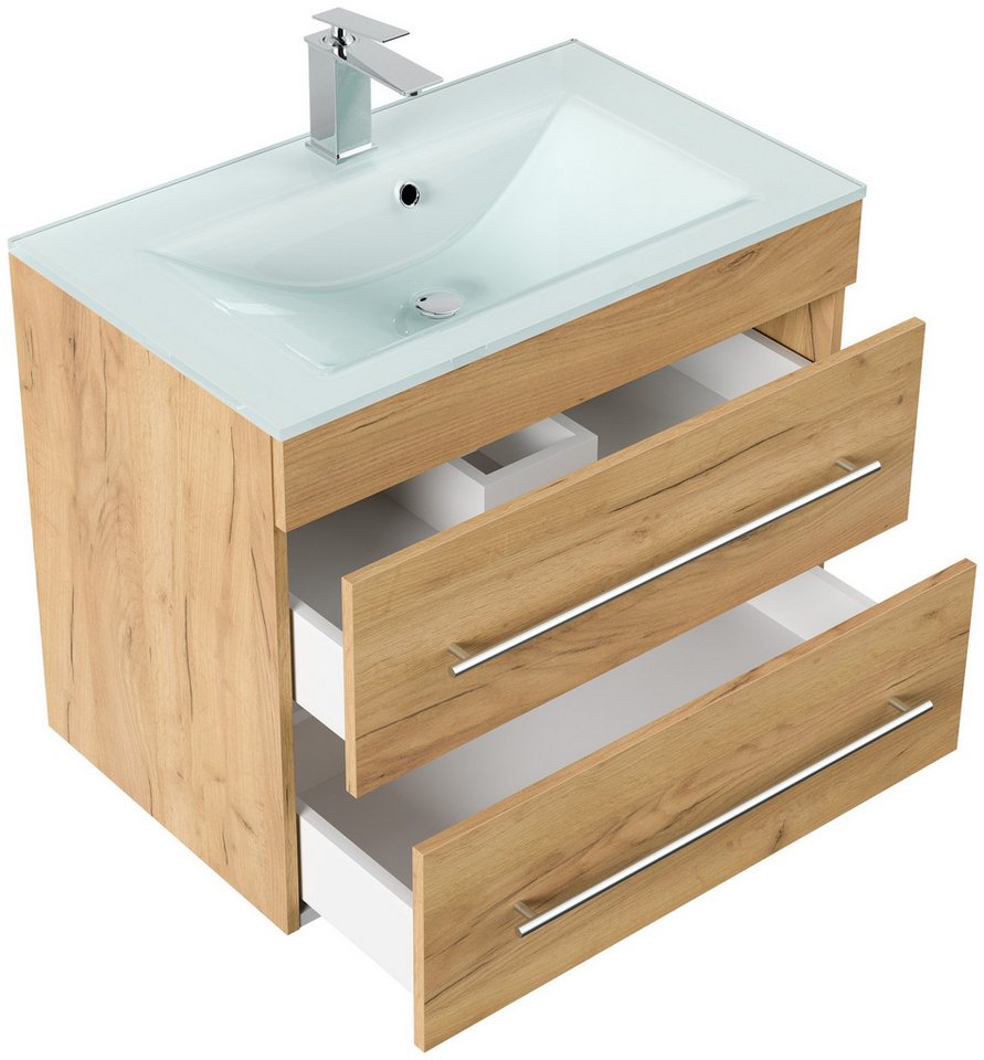 Magnolia Home Waschtisch Badmöbel Vitro 750 mit Glaswaschbecken SoftClose eiche gold – Bild 4 von 5