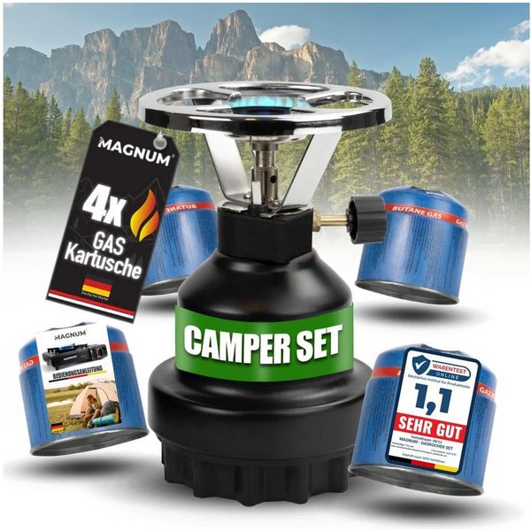 Magnum Wave Gaskocher Camping [0,8 kW] Campingkocher inkl. 4 Gaskartuschen, (Spar-Set), Schwarz, 62 g/h Gasverbrauch, für Camping, Notfall