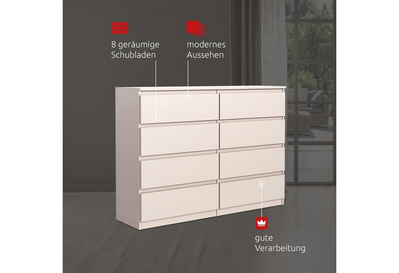 MAGOWA Schubkastenkommode Kommode 120 cm – moderne Kommode mit 8 Schubladen mit Stauraum (ideale Lösung), Breite 120 cm - Höhe 101,5 cm - Tiefe 39 cm – Bild 3 von 5