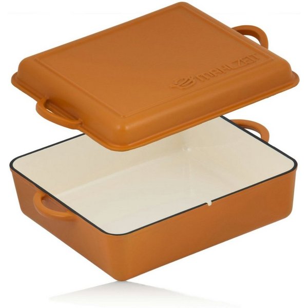 Mahlzeit Bräter Gusseisen emailliert, 10,5 L, Sunny Orange, Bräter 2in1 mit Pfanne, Gusseisen