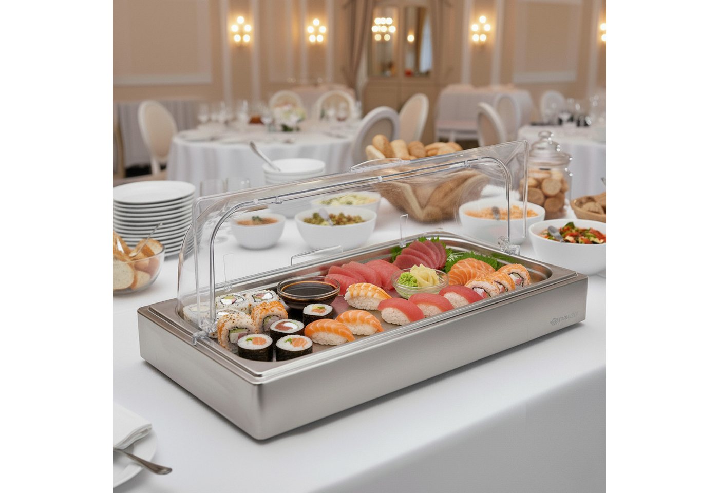 Mahlzeit Buffet-Vitrine Kühl Servierplatte, 54 x 34 x 24,5 cm, GN 1/1 Kühlplatte, Kühlschalen, Edelstahl, Leicht zu reinigen – Bild 2 von 5