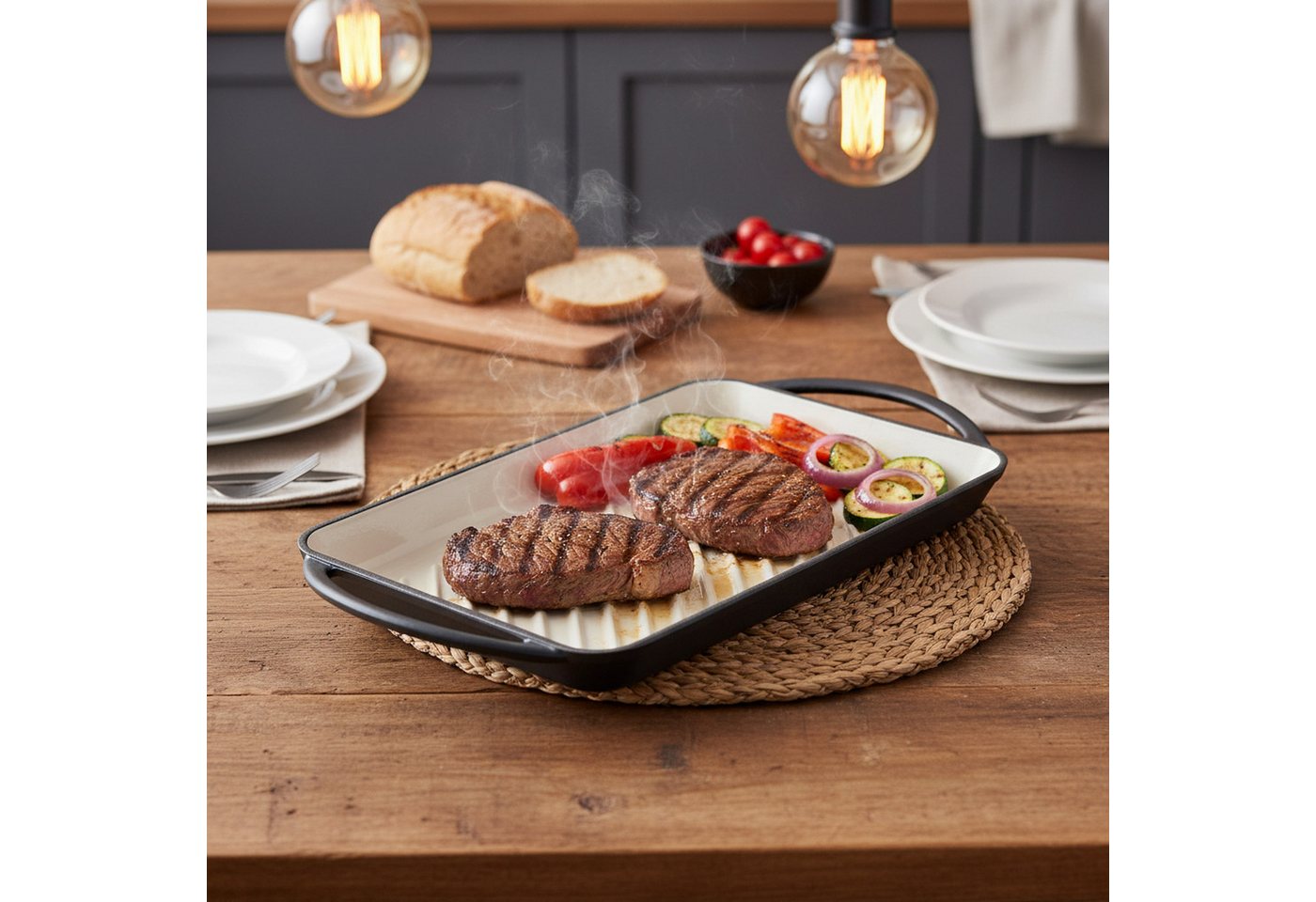 Mahlzeit Grillplatte Gusseisen, 39,5 x 22 x 3,5 cm, Blue Berry, Emailliert mit 2 Griffen – Bild 2 von 5
