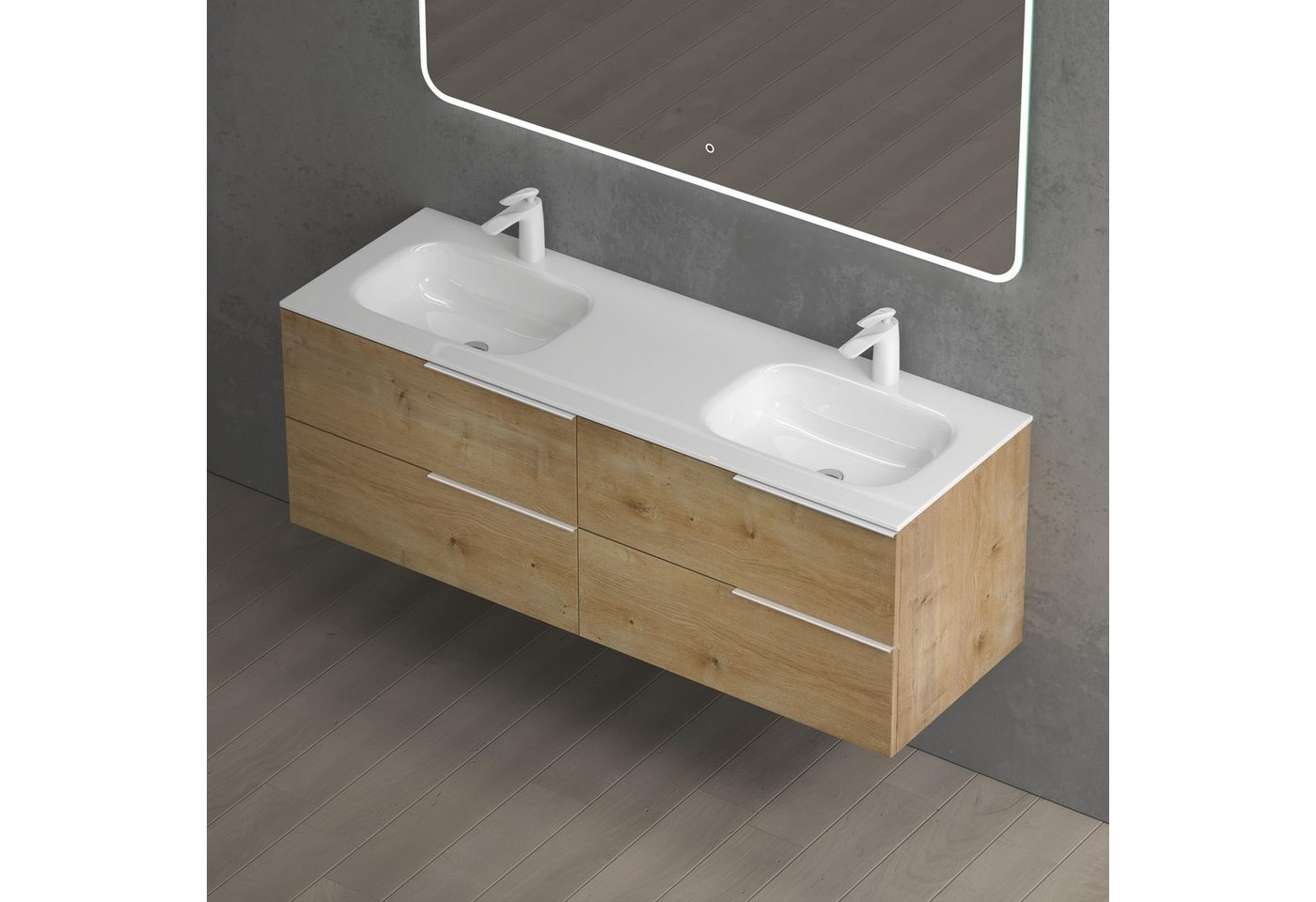 Mai & Mai Badmöbel-Set Badmöbel Set Doppelwaschbecken 4 Schubladen Mineralguss Vanessa, Soft-Close,wahlweise mit LED-Spiegel – Bild 4 von 5