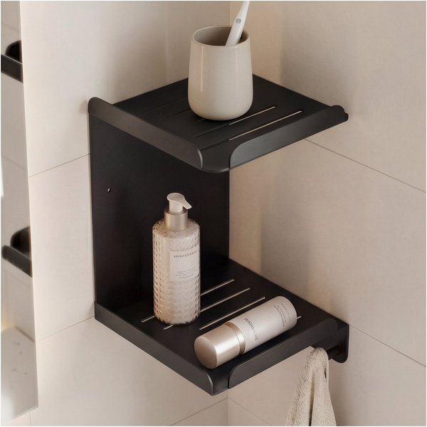 Mai & Mai Duschablage Duschregal 2-stöckig mit 3 Haken Wandmontage 22 x 22 x 33,1cm Reglo-14, Platzsparendes 2-stufiges Eckdesign,mit 3 integrierten Haken