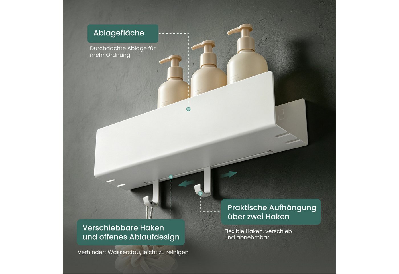 Mai & Mai Duschablage Duschregal Badezimmer Ablage aus kohlenstoffstahl Regol-18, Für Dusche, Bad und Küche, Kleben oder Bohren, Erhöhter Schutzrand – Bild 2 von 5