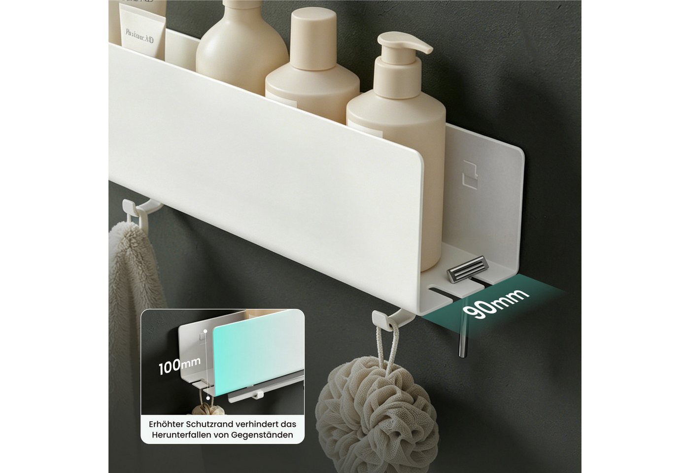 Mai & Mai Duschablage Duschregal Badezimmer Ablage aus kohlenstoffstahl Regol-18, Für Dusche, Bad und Küche, Kleben oder Bohren, Erhöhter Schutzrand – Bild 4 von 5