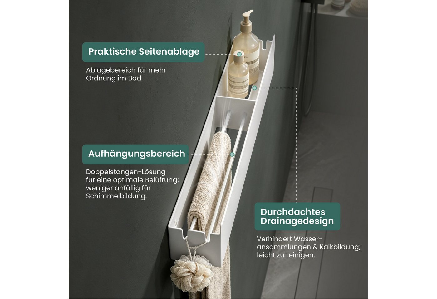 Mai & Mai Duschablage Duschregal Badezimmer Ablage aus kohlenstoffstahl Regol-18, Für Dusche, Bad und Küche, Kleben oder Bohren, Erhöhter Schutzrand – Bild 2 von 5