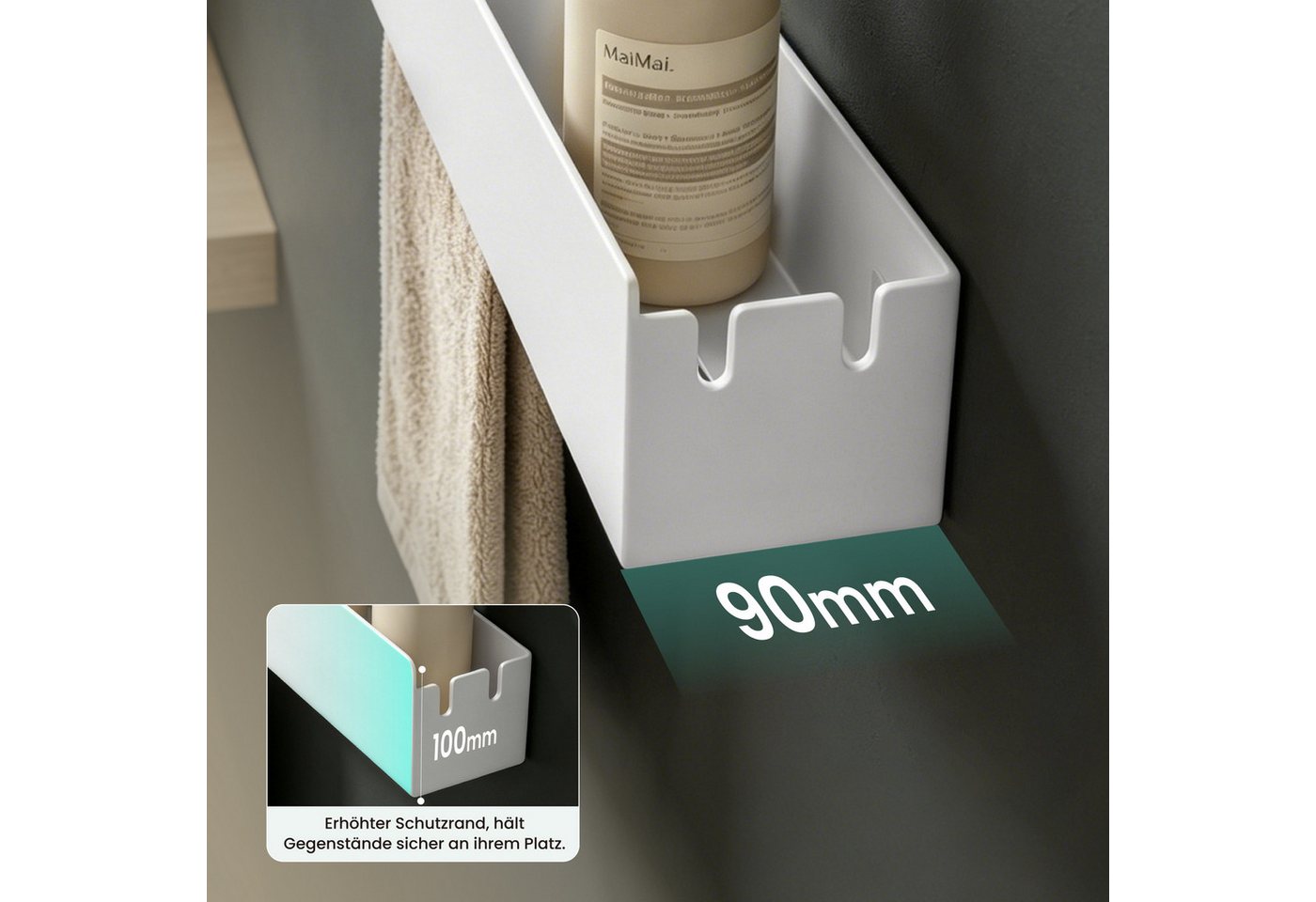 Mai & Mai Duschablage Duschregal Badezimmer Ablage aus kohlenstoffstahl Regol-18, Für Dusche, Bad und Küche, Kleben oder Bohren, Erhöhter Schutzrand – Bild 4 von 5