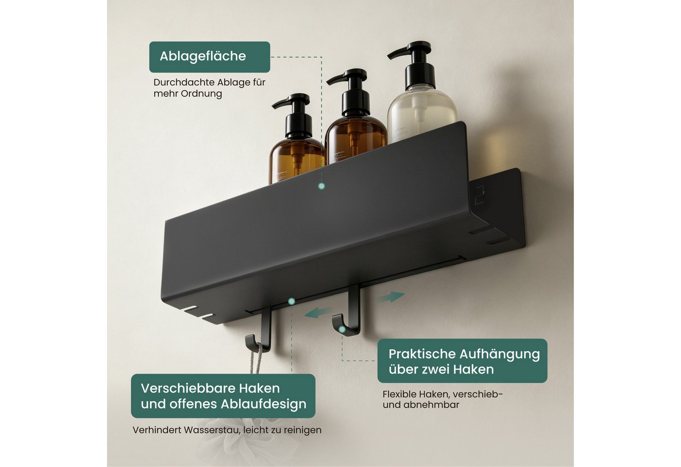 Mai & Mai Duschablage Duschregal Badezimmer Ablage aus kohlenstoffstahl Regol-18, Für Dusche, Bad und Küche, Kleben oder Bohren, Erhöhter Schutzrand – Bild 2 von 5