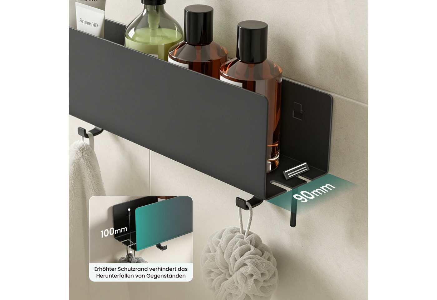 Mai & Mai Duschablage Duschregal Badezimmer Ablage aus kohlenstoffstahl Regol-18, Für Dusche, Bad und Küche, Kleben oder Bohren, Erhöhter Schutzrand – Bild 4 von 5