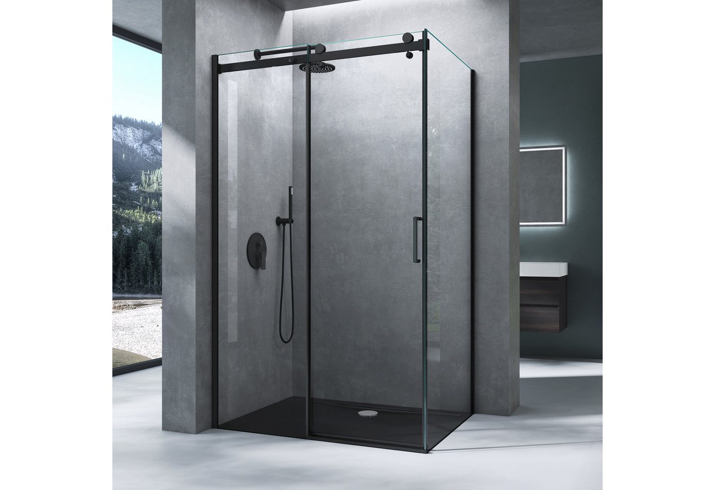 Mai & Mai Eckdusche Duschkabine Schwarz mit Softclose-Schiebetür 8 mm Nano-ESG-Glas Rav19k, BxT: 100x70 cm, Eckmontage, Hebe- und Senkmechanismus, Aluminiumrahm – Bild 2 von 5