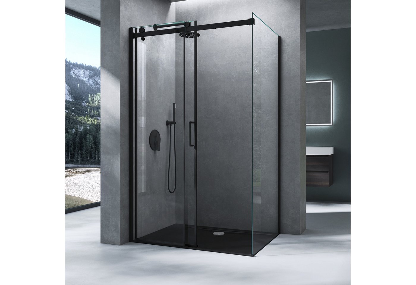 Mai & Mai Eckdusche Duschkabine Schwarz mit Softclose-Schiebetür 8 mm Nano-ESG-Glas Rav19k, BxT: 100x70 cm, Eckmontage, Hebe- und Senkmechanismus, Aluminiumrahm – Bild 3 von 5