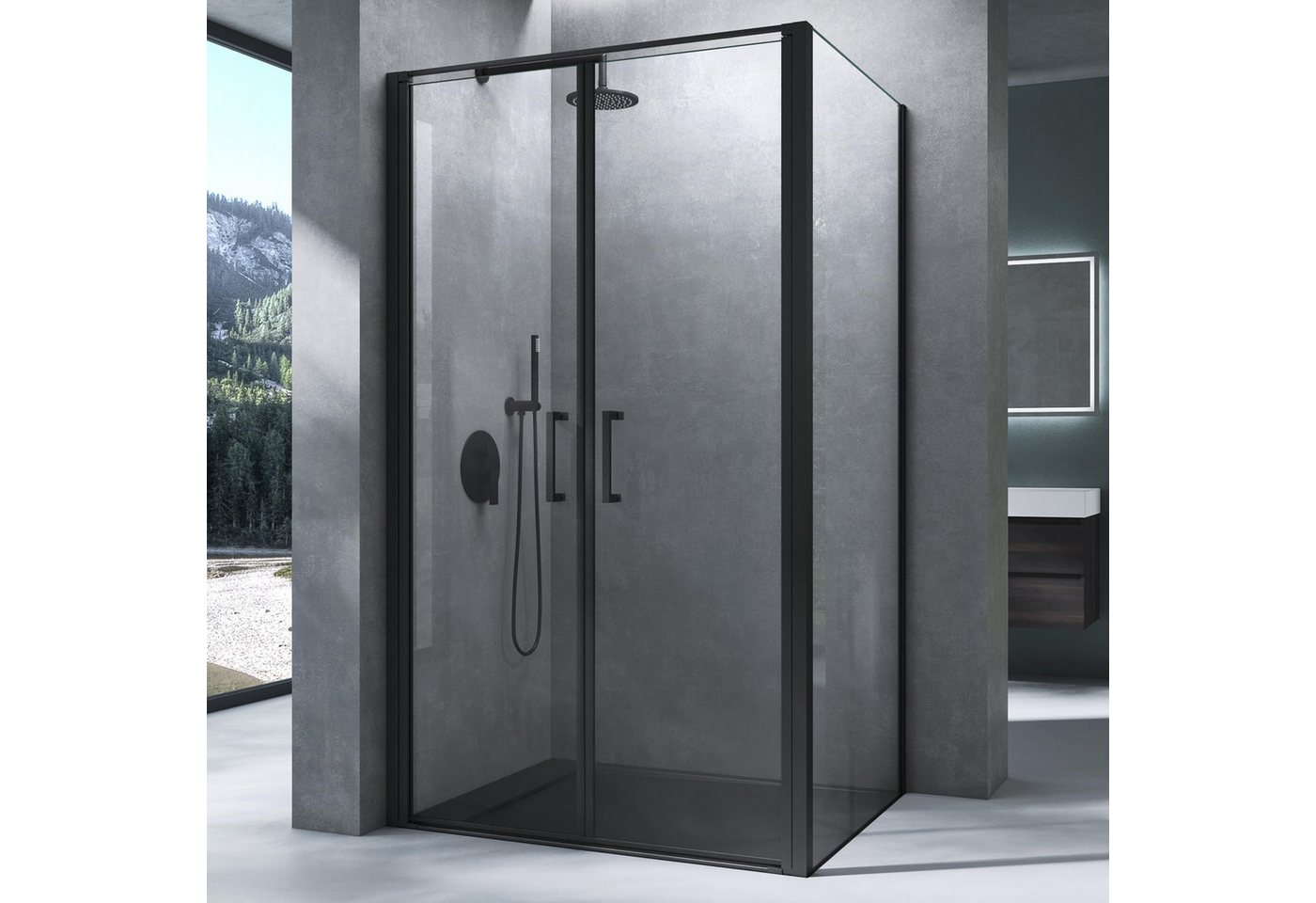 Mai & Mai Eckdusche Eckduschkabine Duschabtrennung Drehtür Schwarz 8 mm ESG Nano R66, BxT: 90x80 cm, Hebe-Senk-Mechanismus,15 mm Wandausgleich,Magnetdichtung – Bild 2 von 5