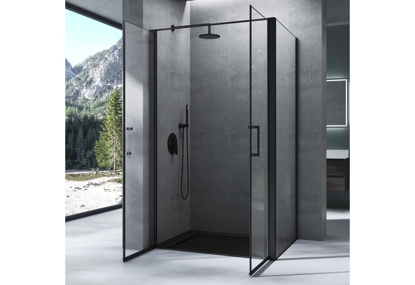 Mai & Mai Eckdusche Eckduschkabine Duschabtrennung Drehtür Schwarz 8 mm ESG Nano R66, BxT: 90x80 cm, Hebe-Senk-Mechanismus,15 mm Wandausgleich,Magnetdichtung – Bild 4 von 5