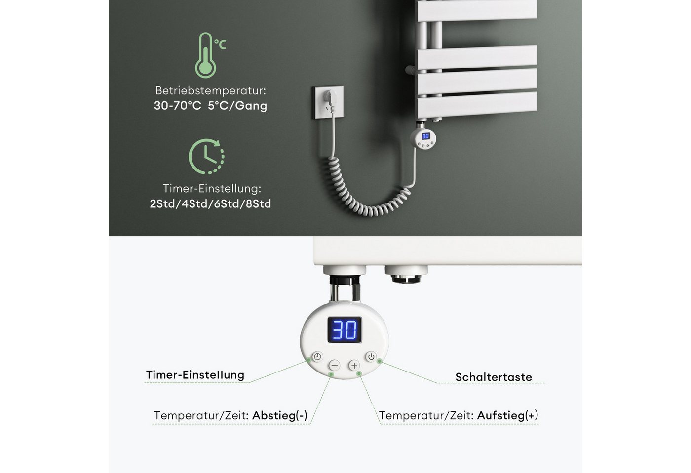 Mai & Mai Elektrischer Badheizkörper Seitenanschluss Handtuchhalter Handtuchwärmer mit Heizstab FN – Bild 4 von 5