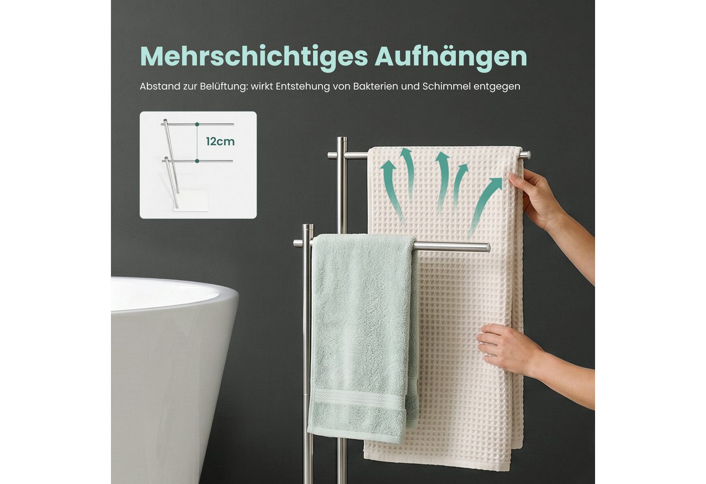 Mai & Mai Handtuchhalter Stehend Bad Handtuchständer mit 2 Handtuchstangen Edelstahl Tavrin-07, Versetzte Handtuchstangen,Untere Ablage,304-Edelstahl,Freistehen – Bild 3 von 5