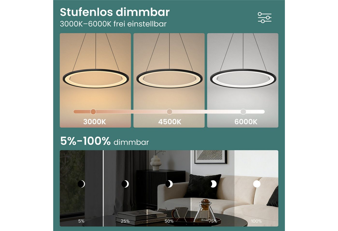 Mai & Mai Pendelleuchte Hängeleuchte pendellampe Farbtemperatur3000–6000K CRI≥95 Luvina01, LED-Pendelleuchte, mit hoher Farbwiedergabe, – Bild 2 von 5