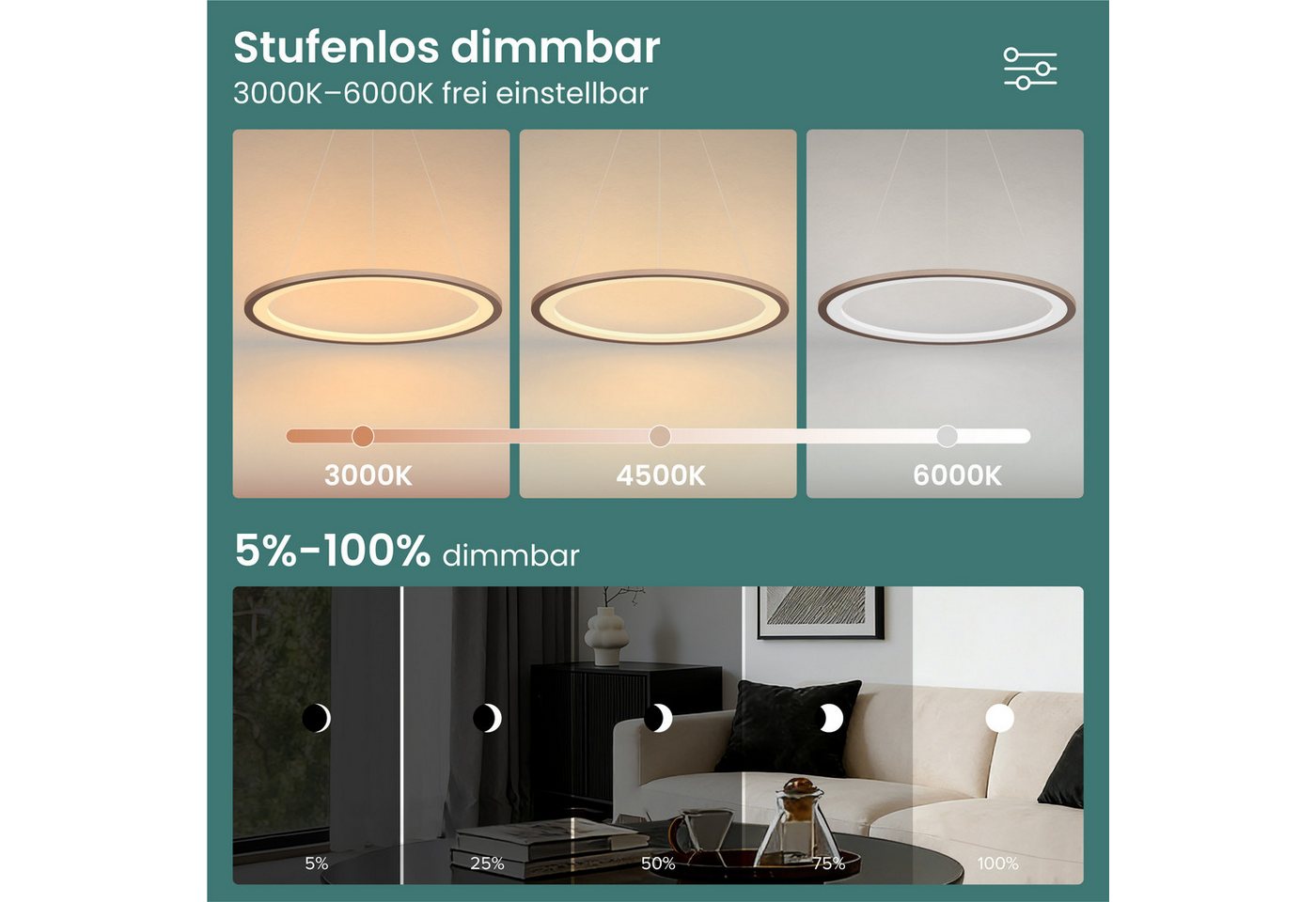 Mai & Mai Pendelleuchte Hängeleuchte pendellampe Farbtemperatur3000–6000K CRI≥95 Luvina01, LED-Pendelleuchte, mit hoher Farbwiedergabe, – Bild 2 von 5
