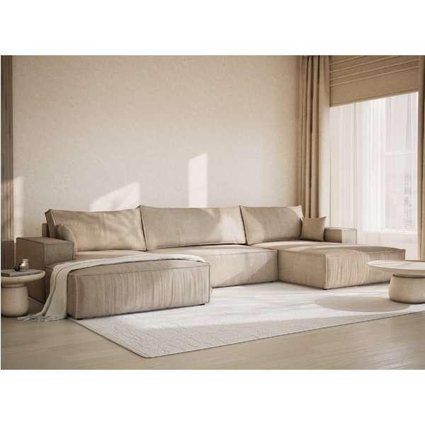 Maison de Rêve Wohnlandschaft Kyoto mit Schlaffunktion, U-Form Sofa mit Bettkasten, Zierkissen, Liegefläche 135x343 cm