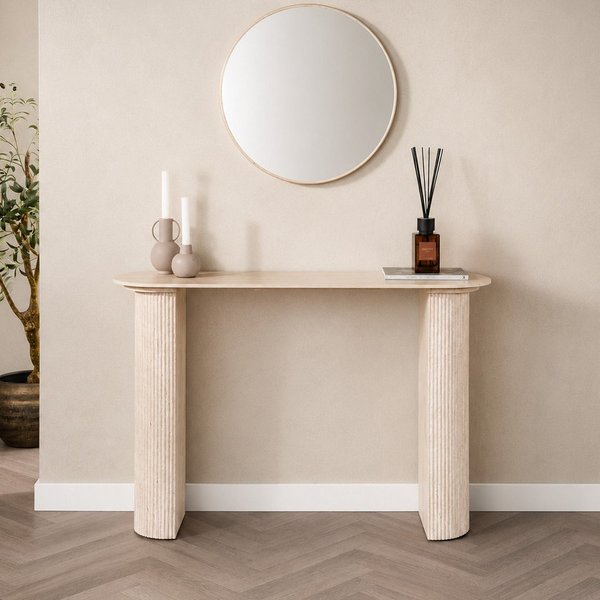 Maison ESTO Konsole VELANO Konsolentisch 120 cm Travertinoptik mit Keramikplatte Flurtisch, Organisch geformtes Säulengestell
