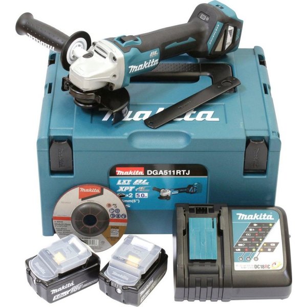 Makita Akku-Winkelschleifer DGA511RTJ, (Set), inkl. Akku, Ladegerät, Aufbewahrungskoffer und weiterem Zubehör