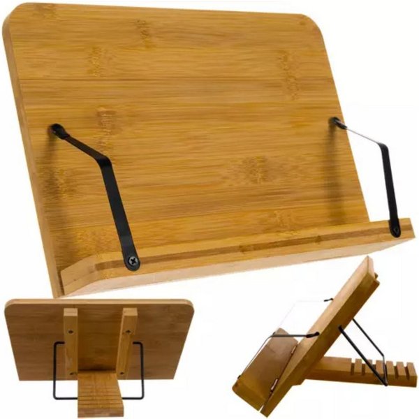 MALATEC Buchstütze Tablet-Laptop-Ständer: Flexibel verstellbarer Halter Buchständer (Bambus Buchständer-Set, 1x Bambus Buchständer), Bambusständer für Bücher un