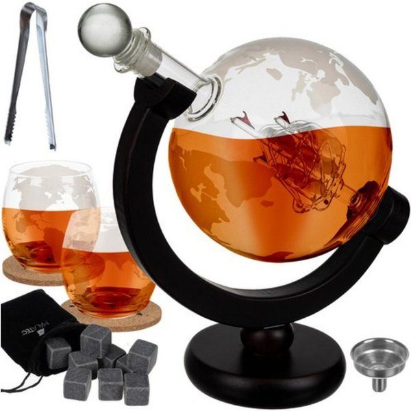 MALATEC Karaffe Globus Whiskyglas, (Whisky-Set, 17-tlg., Geschenkidee), kugelförmige Karaffe, 2 Gläser mit Muster, 2 Korkuntersetzer mit Karte