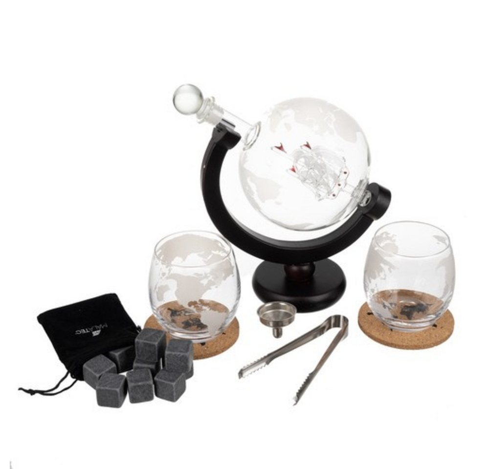 MALATEC Karaffe Globus Whiskyglas, (Whisky-Set, 17-tlg., Geschenkidee), kugelförmige Karaffe, 2 Gläser mit Muster, 2 Korkuntersetzer mit Karte – Bild 2 von 5