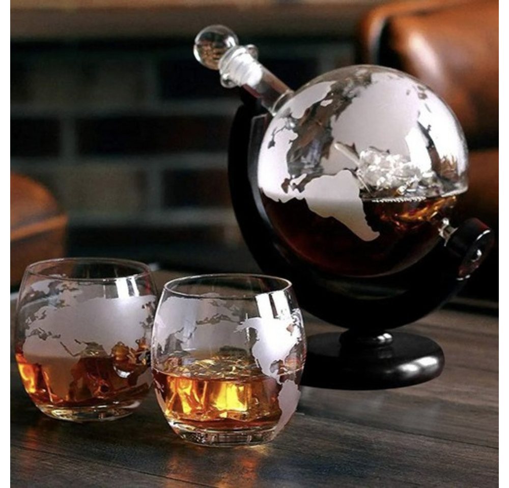 MALATEC Karaffe Globus Whiskyglas, (Whisky-Set, 17-tlg., Geschenkidee), kugelförmige Karaffe, 2 Gläser mit Muster, 2 Korkuntersetzer mit Karte – Bild 5 von 5
