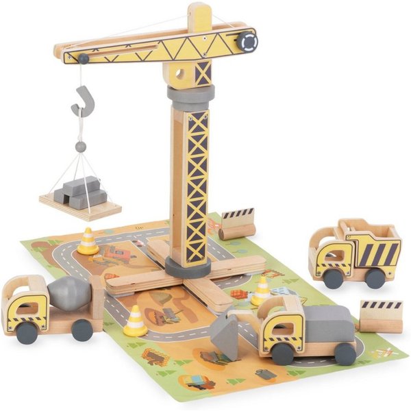 Mamabrum Baustellen-Spielzeugset - Holzkran, Lastwagen & Zubehör Konstruktions-Spielset
