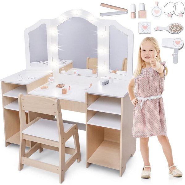 Mamabrum Schminktisch 2in1 Kinder-Schminktisch– LED-Licht, Spiegel & Stuhl, inkl. Zubehör