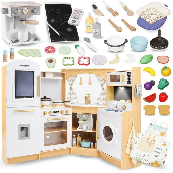 Mamabrum Spielküche Kinderküche 3+, Interaktiver XXXL Spielzeugherd mit LED-Beleuchtung Holz