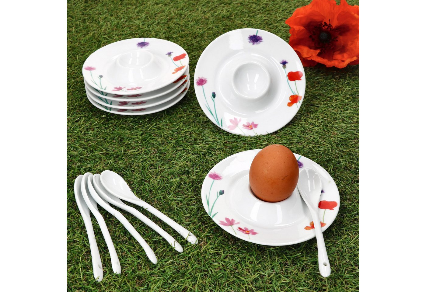 MamboCat Eierbecher 6x Marie Eierbecher mit Ablage weiß Blumen bunt Porzellan 6 Personen – Bild 3 von 5
