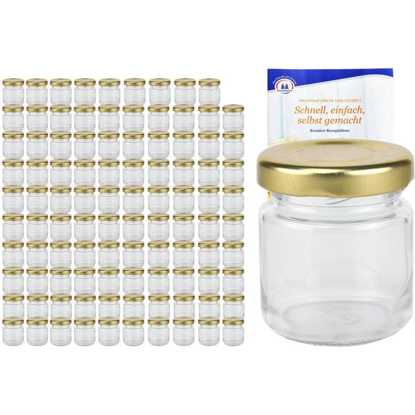MamboCat Einmachglas 100er Set Sturzglas 53 ml To 43 goldener Deckel incl. Rezeptheft, Glas