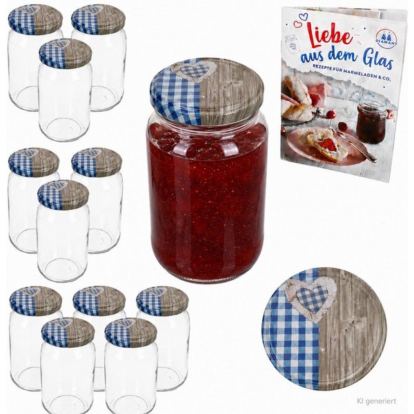 MamboCat Einmachglas 12er Set Sturzglas 720ml Einmachglas Holz Herz Blau Deckel Rezeptheft, Metall