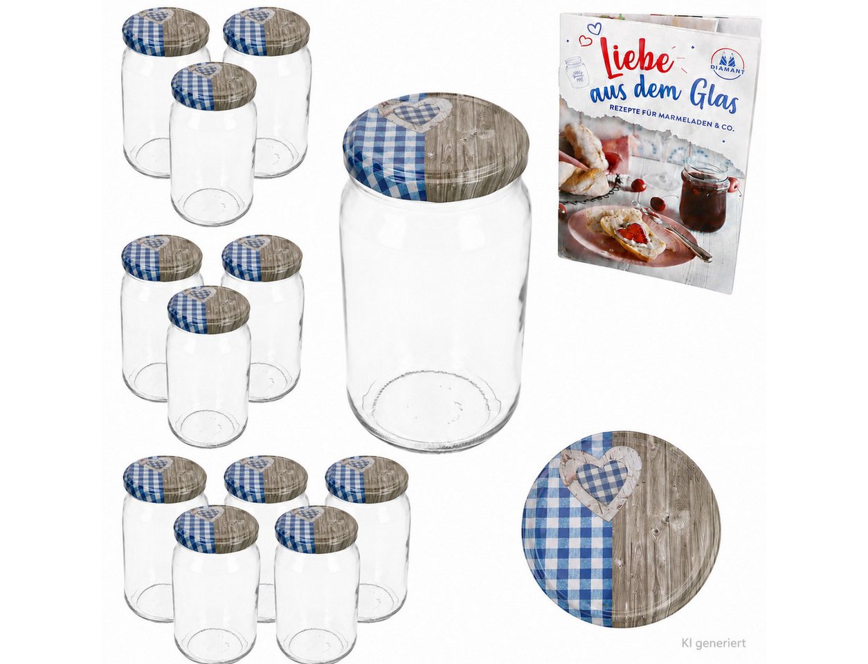 MamboCat Einmachglas 12er Set Sturzglas 720ml Einmachglas Holz Herz Blau Deckel Rezeptheft, Metall – Bild 2 von 5