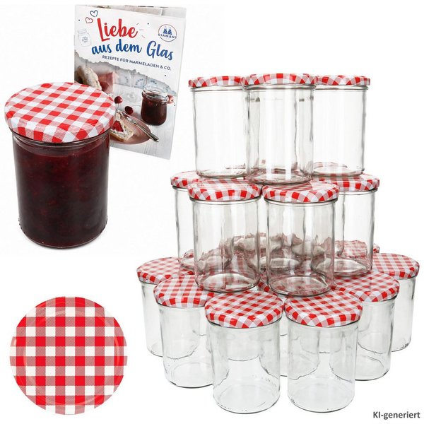 MamboCat Einmachglas 48er Set Marmeladenglas 435ml Einmachglas TO82 Deckel rot kariert Heft, Glas