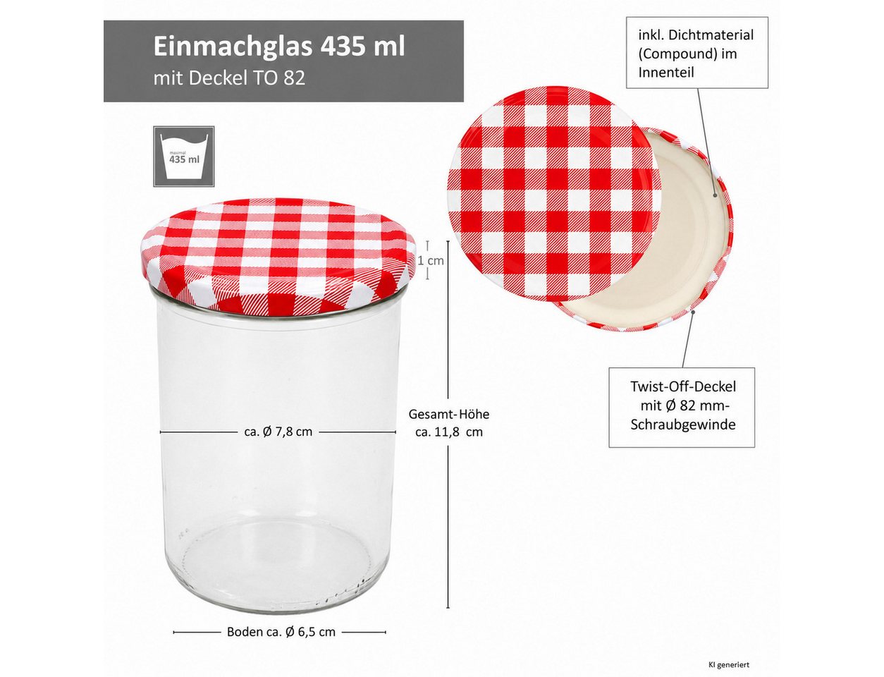 MamboCat Einmachglas 48er Set Marmeladenglas 435ml Einmachglas TO82 Deckel rot kariert Heft, Glas – Bild 3 von 5