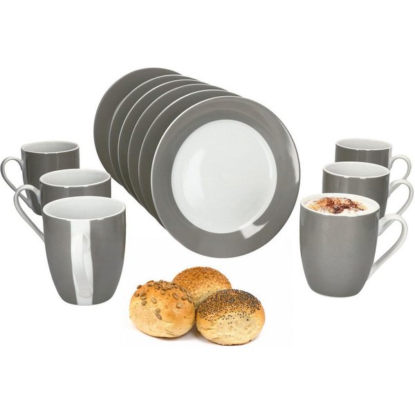 MamboCat Frühstücks-Geschirrset 12tlg Frühstücksset Variant Grau Porzellan 6 Personen Teller klein, Porzellan