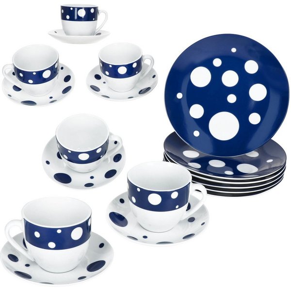 MamboCat Kaffeeservice 18tlg Kaffeeservice Pula blau Porzellan 6 Pers. Tassen Teller Punkte, Porzellan