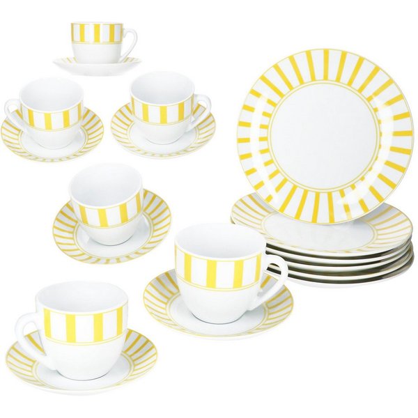 MamboCat Kaffeeservice 18tlg Kaffeeservice Split gelb Porzellan 6 Pers Tasse Teller Streifen, Porzellan