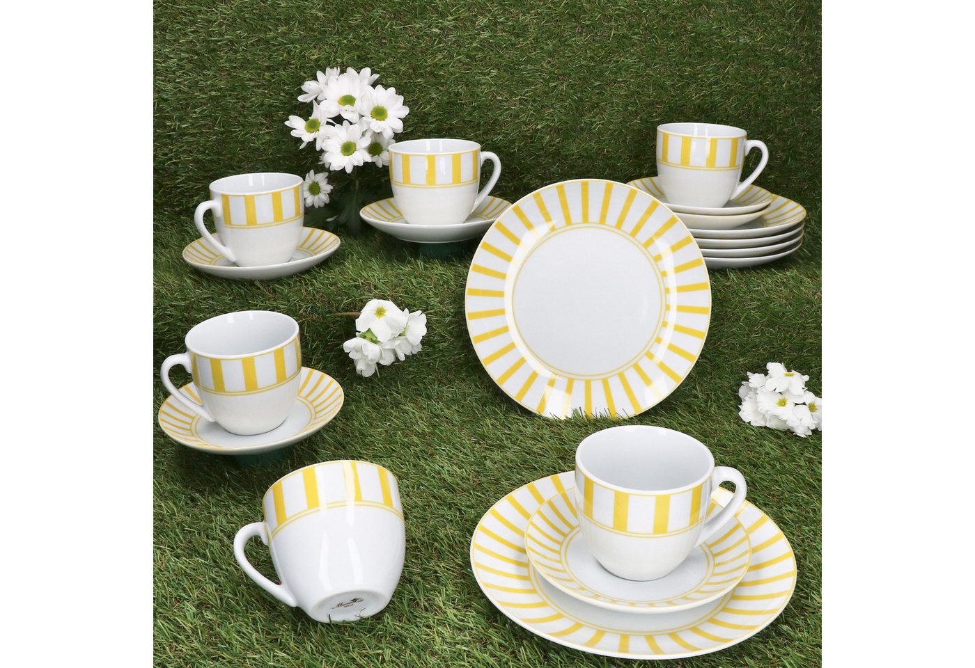 MamboCat Kaffeeservice 18tlg Kaffeeservice Split gelb Porzellan 6 Pers Tasse Teller Streifen, Porzellan – Bild 2 von 5