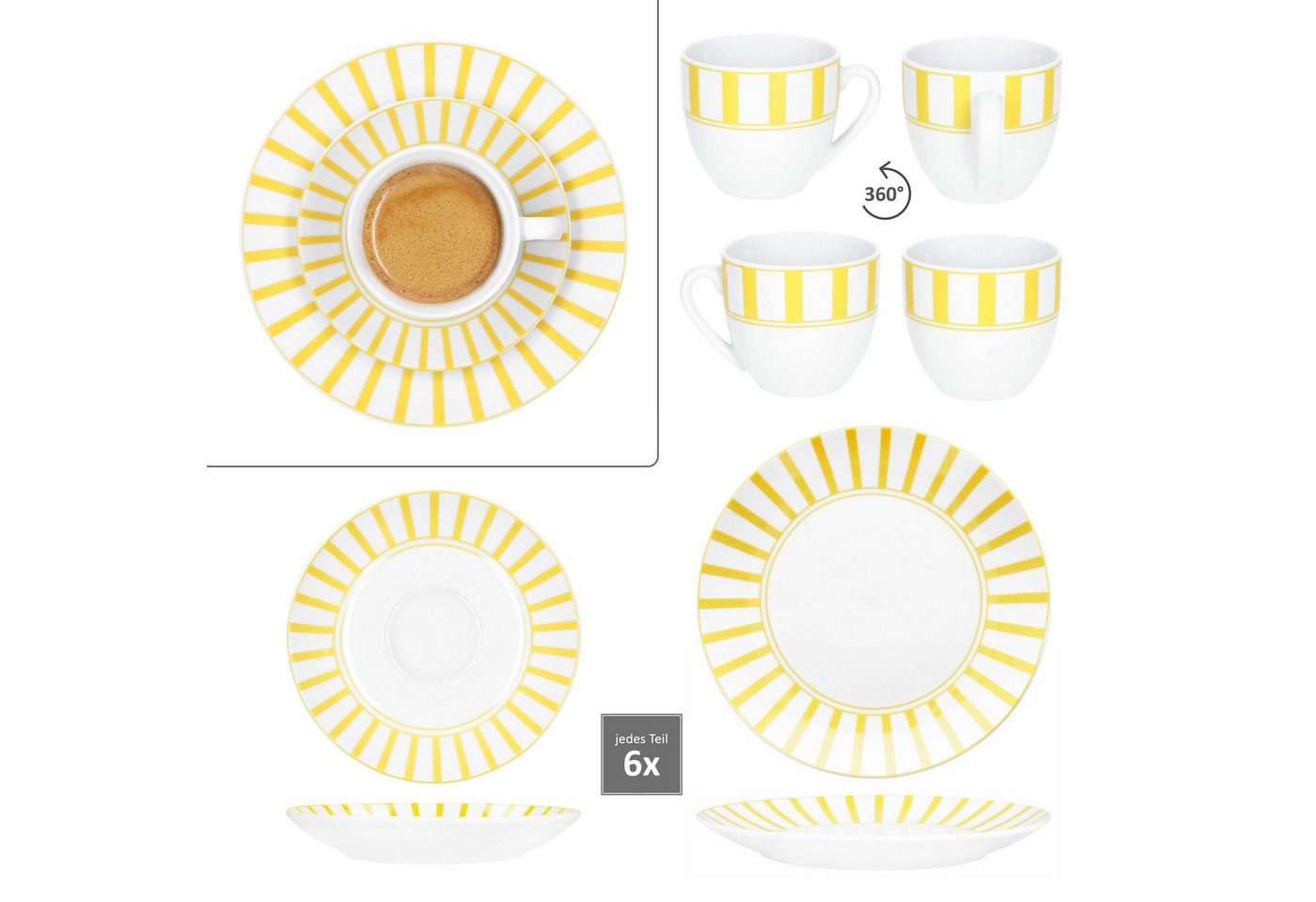 MamboCat Kaffeeservice 18tlg Kaffeeservice Split gelb Porzellan 6 Pers Tasse Teller Streifen, Porzellan – Bild 4 von 5