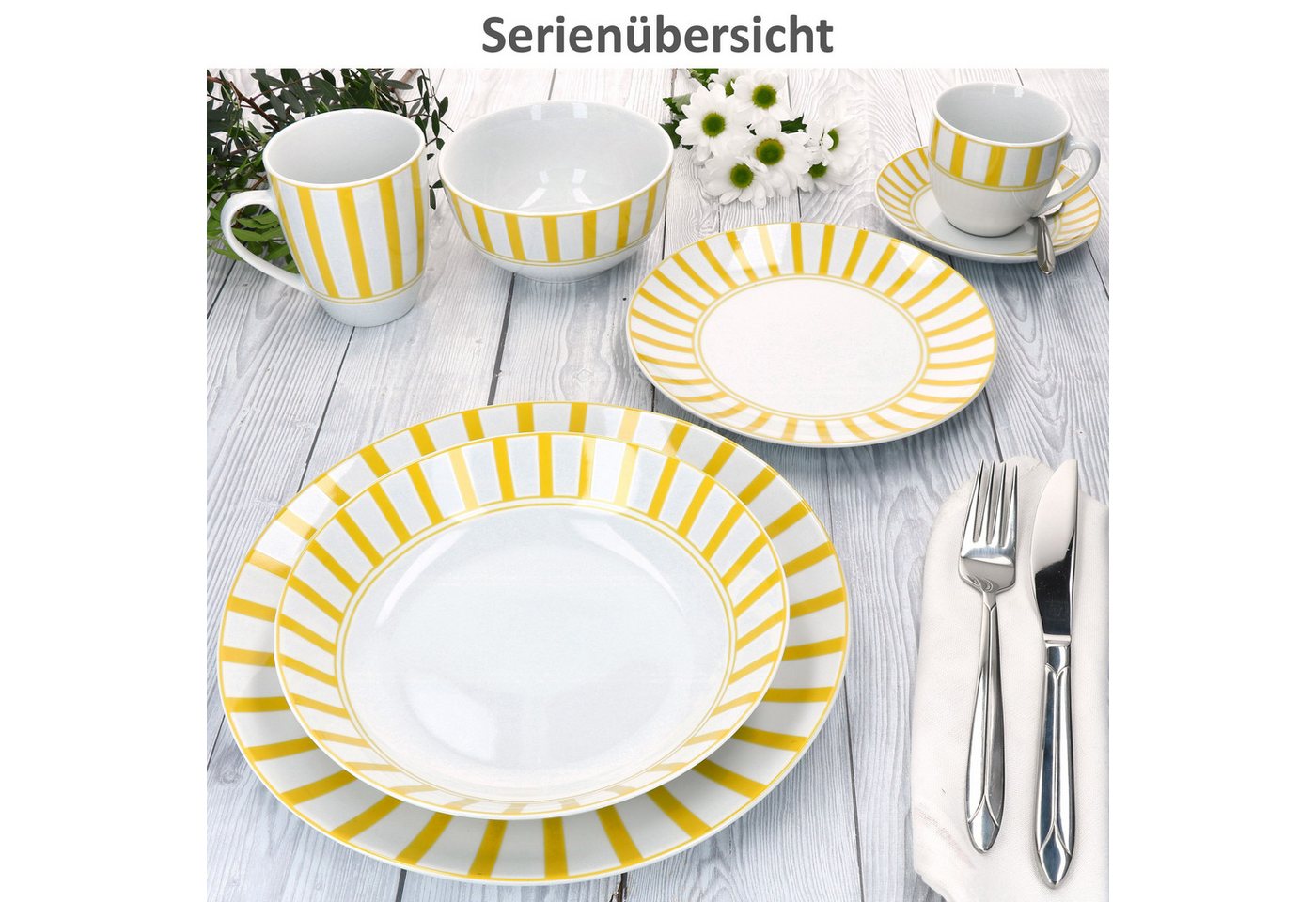 MamboCat Kaffeeservice 18tlg Kaffeeservice Split gelb Porzellan 6 Pers Tasse Teller Streifen, Porzellan – Bild 5 von 5