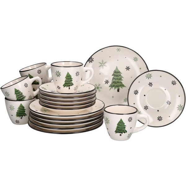 MamboCat Kaffeeservice 18tlg Kaffeeservice Weihnachtsbaum 6 Pers. Dessertteller Kaffeetasse, Steingut, Weihnachtsgeschirr, Weihnachten, Weihnachtsset, Geschirr