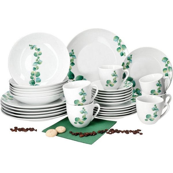 MamboCat Kombiservice 30tlg Kombiservice Eukalyptus Porzellan 6 Personen Tassen Teller, Porzellan